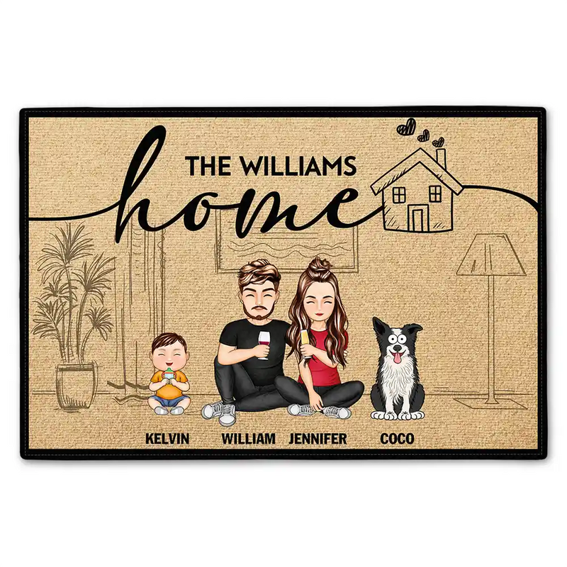 Gift For Couples,Pet Lovers,Dog Lovers,Cat Lovers,Family,Happy - Couple Home With Pet And Kid - Personalized Doormat