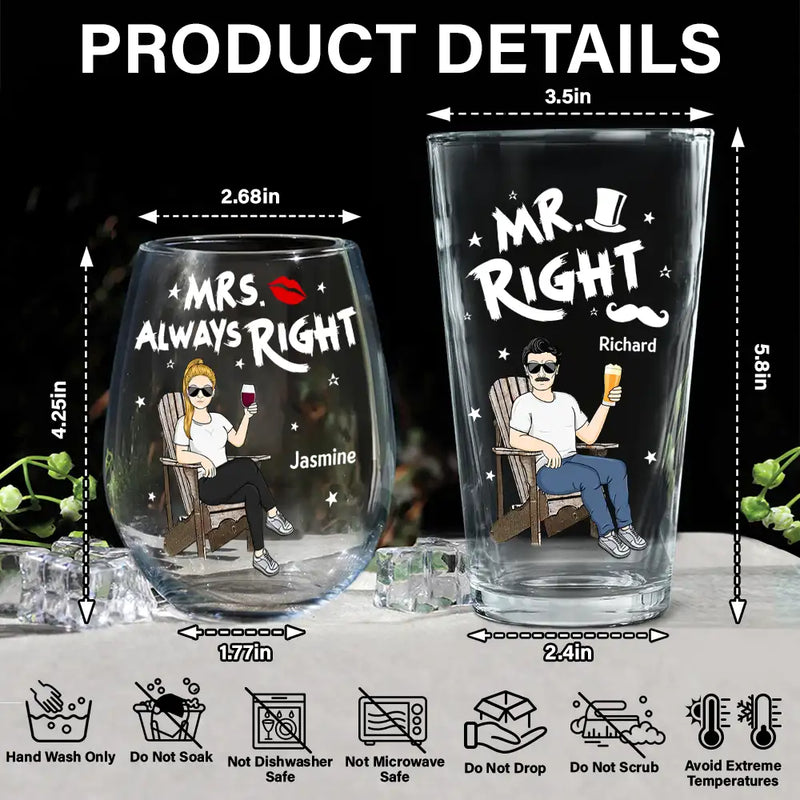 Gift For Couples,Gift For Mother,Gift For Father,Happy - Couple Mr Right Mrs Always Right - Personalized Combo Wine & Beer Glass