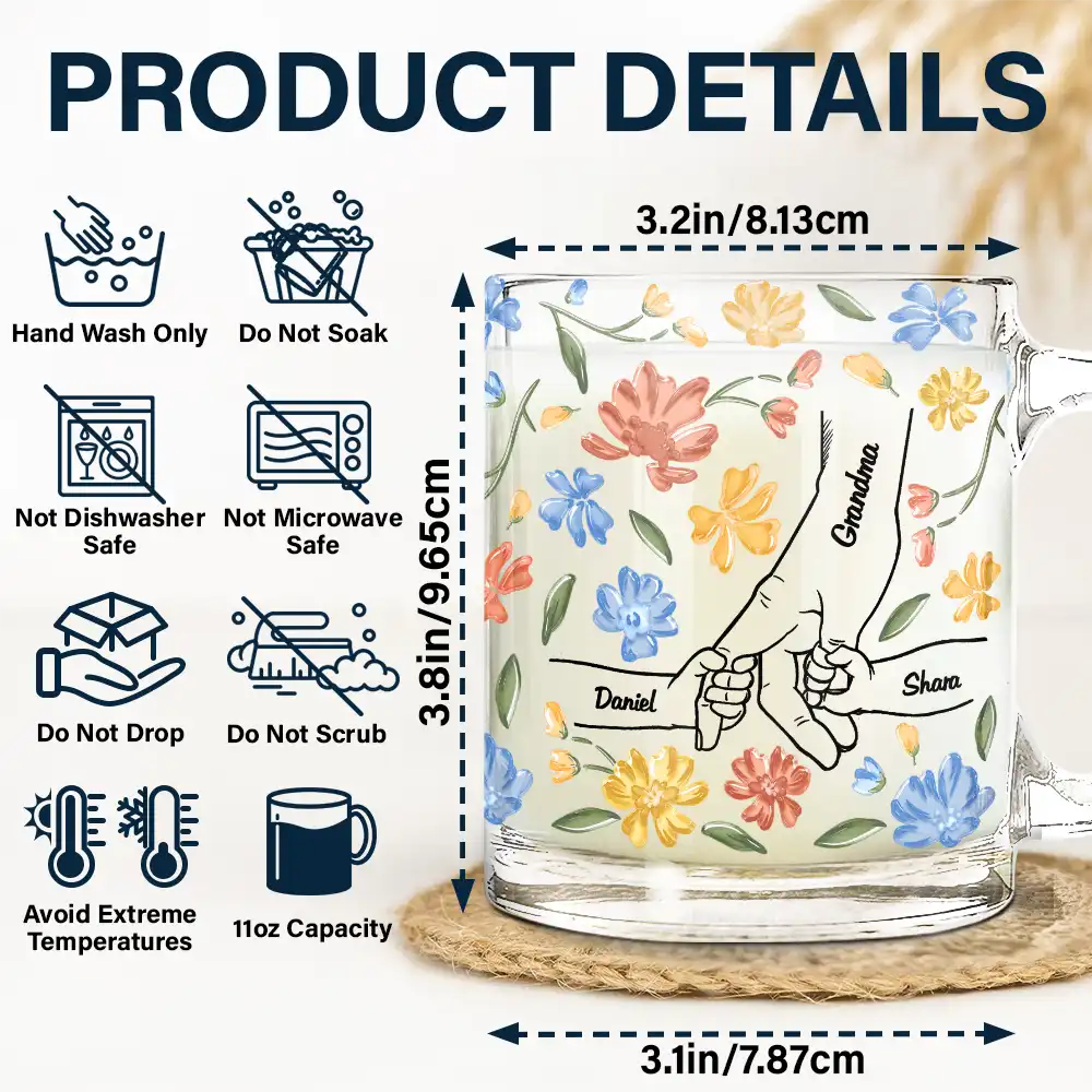 Gift For Grandma, Gift For Mother - Hand In Hand, I Will Always Protect You - Personalized Glass Mug