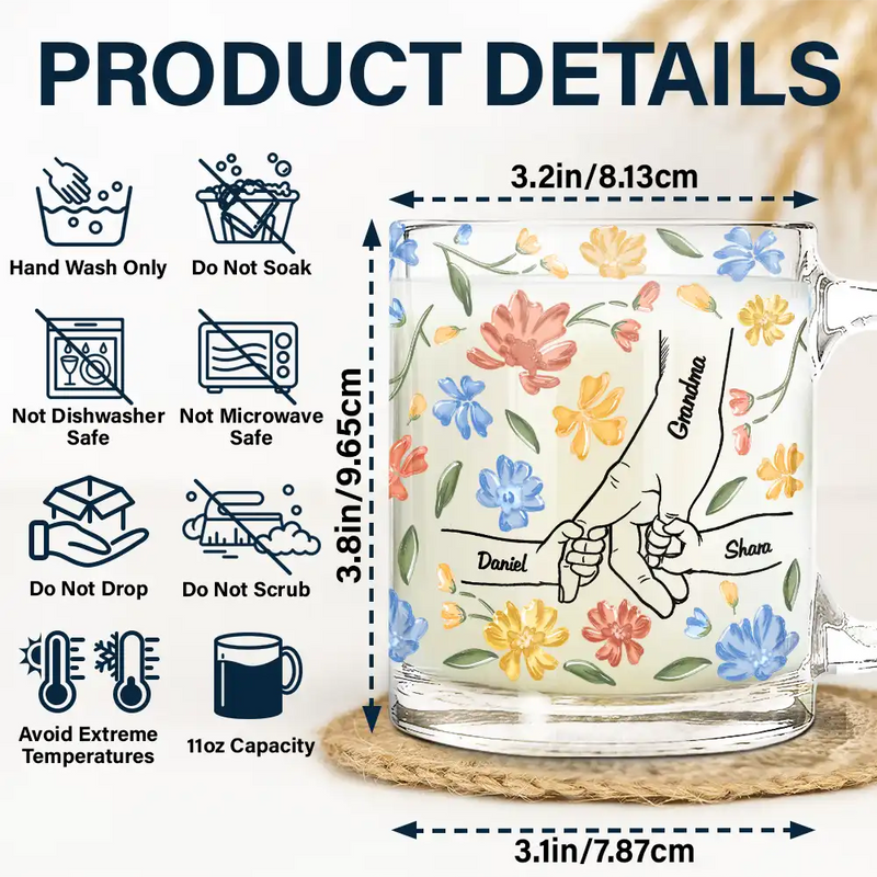 Gift For Grandma, Gift For Mother - Hand In Hand, I Will Always Protect You - Personalized Glass Mug