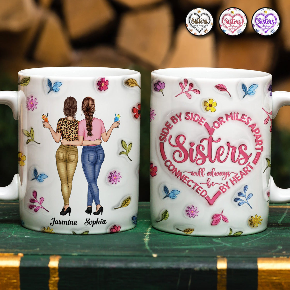 Les sœurs seront toujours liées par le cœur - Mug imprimé effet gonflé 3D, mug blanc personnalisé bord à bord