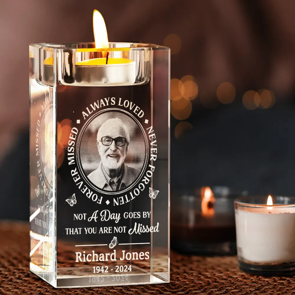 Memorial, Family - Custom Photo Memorial Always Loved Never Forgotten - Personalized Crystal Candle Holder