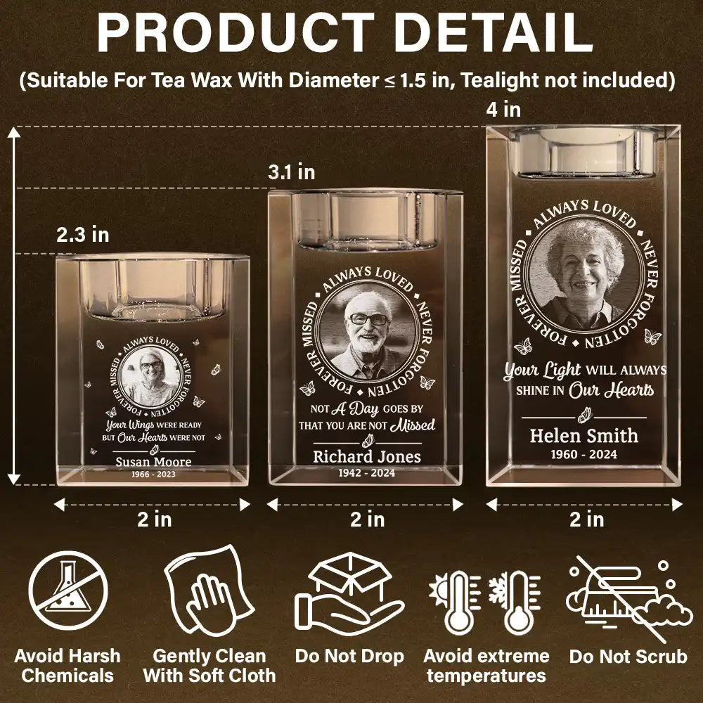 Memorial, Family - Custom Photo Memorial Always Loved Never Forgotten - Personalized Crystal Candle Holder