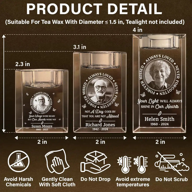 Memorial, Family - Custom Photo Memorial Always Loved Never Forgotten - Personalized Crystal Candle Holder