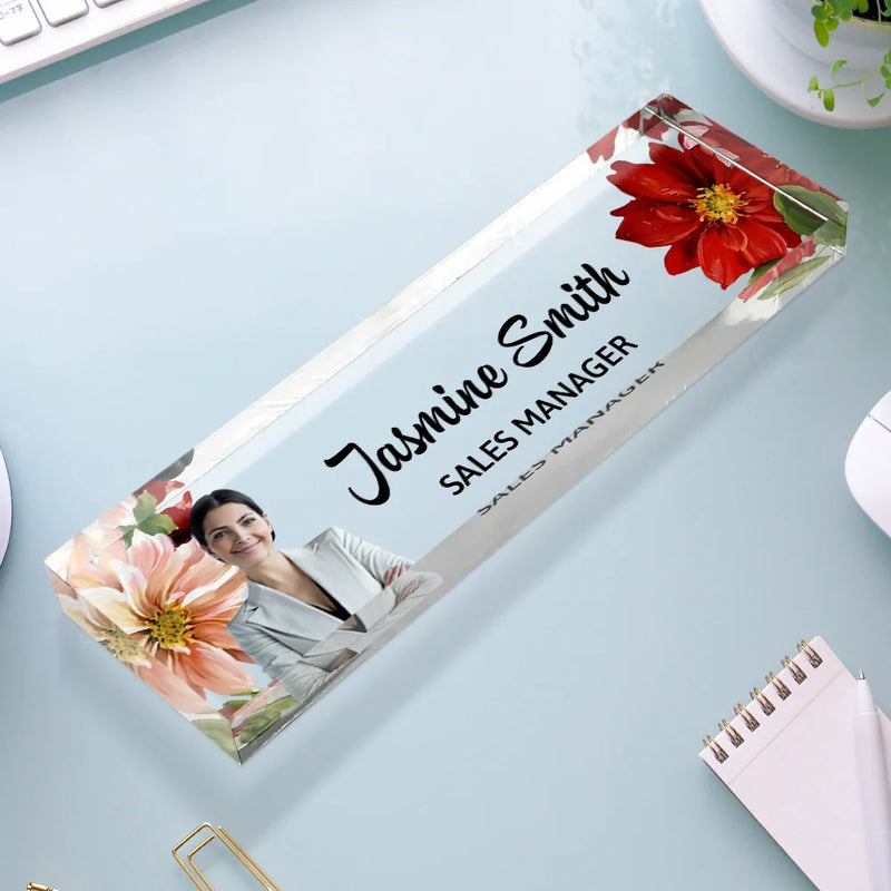 Gifts For Colleagues, Gift For Bestie - Custom Photo Woman Man Office Flower Frame - Personalized Desk Name Plate