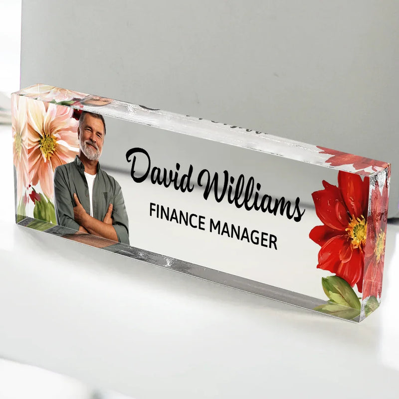 Gifts For Colleagues, Gift For Bestie - Custom Photo Woman Man Office Flower Frame - Personalized Desk Name Plate