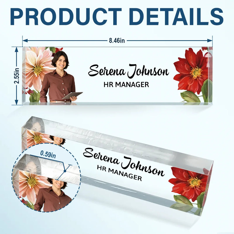 Gifts For Colleagues, Gift For Bestie - Custom Photo Woman Man Office Flower Frame - Personalized Desk Name Plate