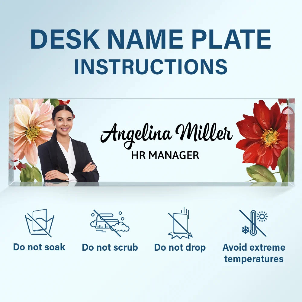 Gifts For Colleagues, Gift For Bestie - Custom Photo Woman Man Office Flower Frame - Personalized Desk Name Plate