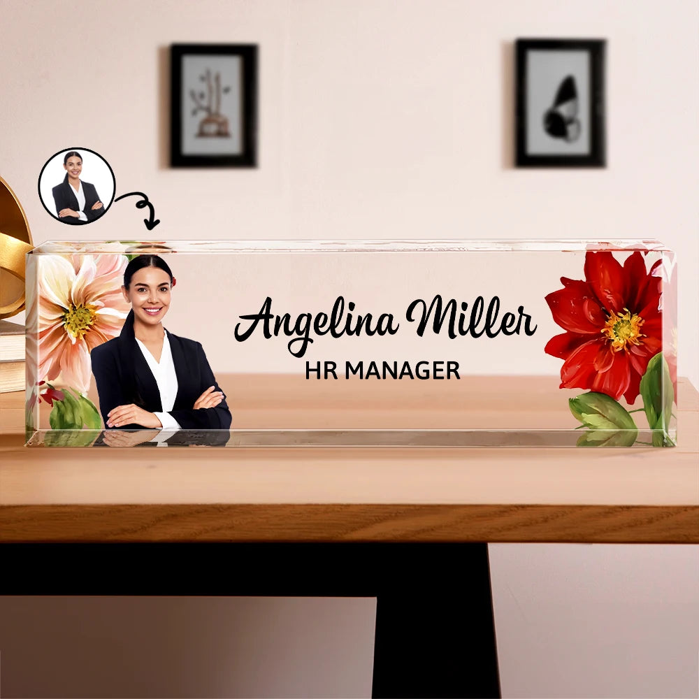 Gifts For Colleagues, Gift For Bestie - Custom Photo Woman Man Office Flower Frame - Personalized Desk Name Plate