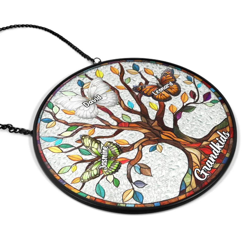 Gift For Grandma, Gift For Mother  - 
Butterfly Grandkids Tree - Personalized Stained Glass Window Hanging Suncatcher