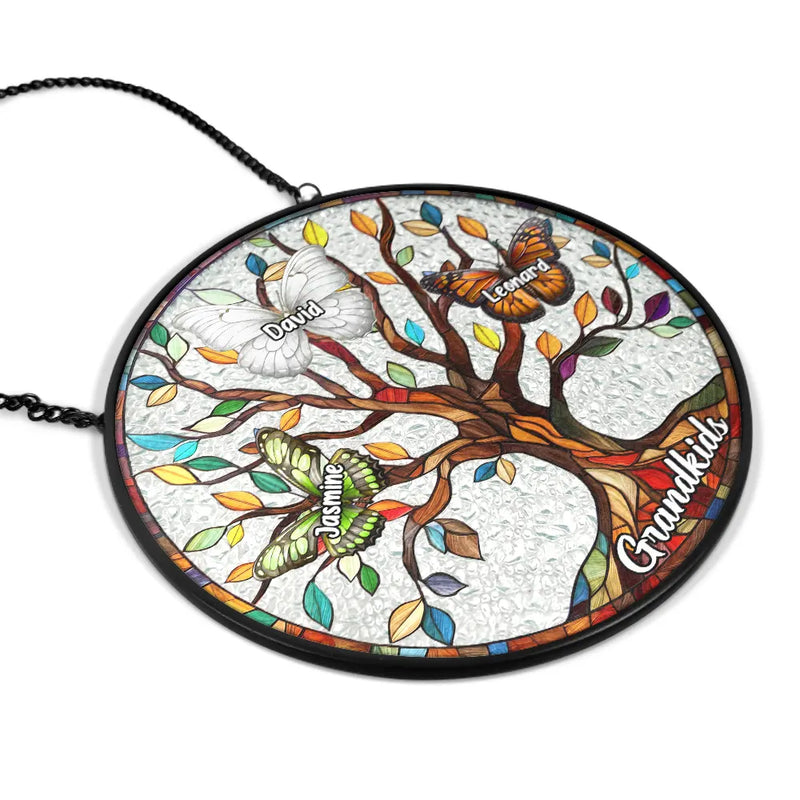 Gift For Grandma, Gift For Mother  - 
Butterfly Grandkids Tree - Personalized Stained Glass Window Hanging Suncatcher