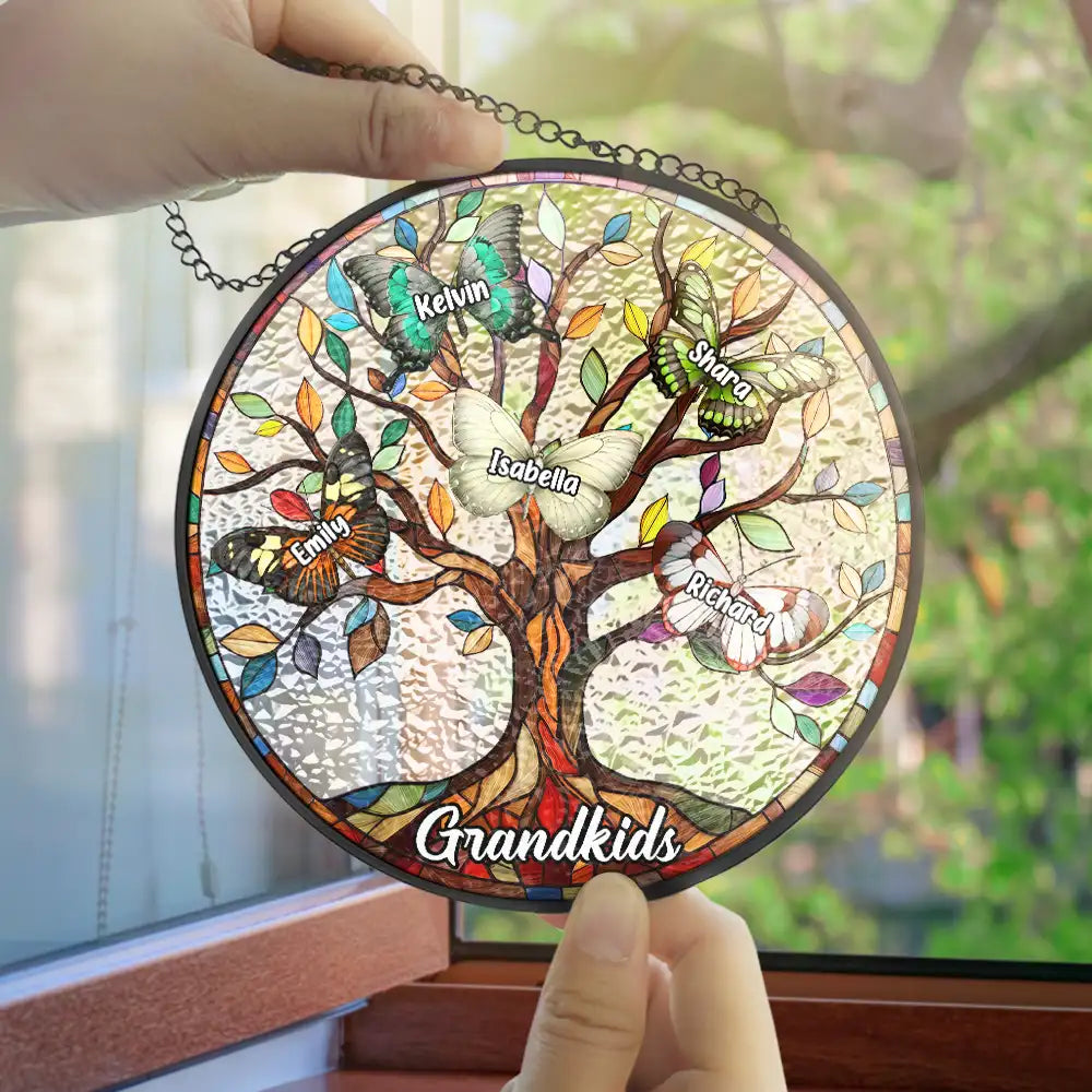 Gift For Grandma, Gift For Mother  - 
Butterfly Grandkids Tree - Personalized Stained Glass Window Hanging Suncatcher
