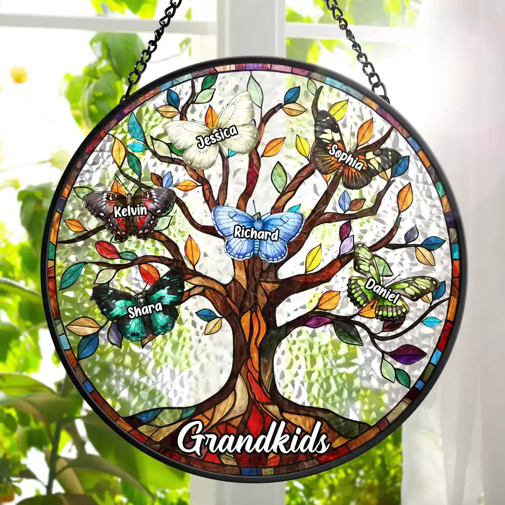 Gift For Grandma, Gift For Mother  - 
Butterfly Grandkids Tree - Personalized Stained Glass Window Hanging Suncatcher