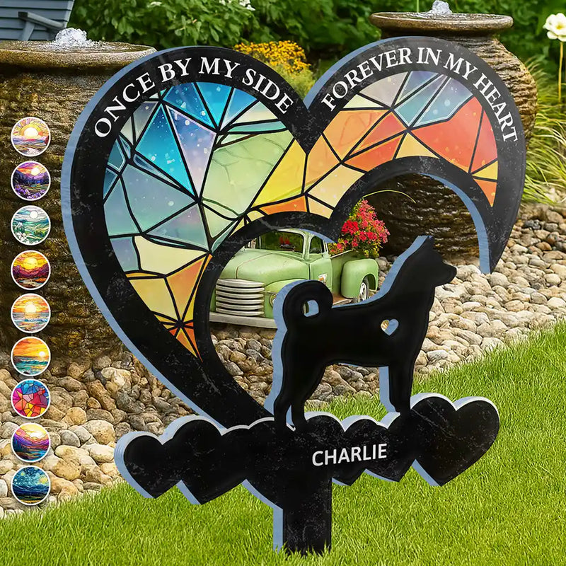 Pet Lovers,Pet Mom,Pet Dad,Dog Lovers,Dog Mom,Dog Dad,Memorial,Sad - Once By My Side Forever In My Heart - Personalized Acrylic Plaque Stake