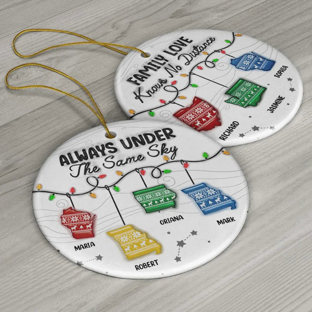 Family,Parents,Gift For Sisters,Gift For Sibling,Gift For Brothers,Love,Christmas,Long Distance - Family Love Knows No Distance - 3D Inflated Effect Printed Ornament, Personalized Circle Ceramic Ornament