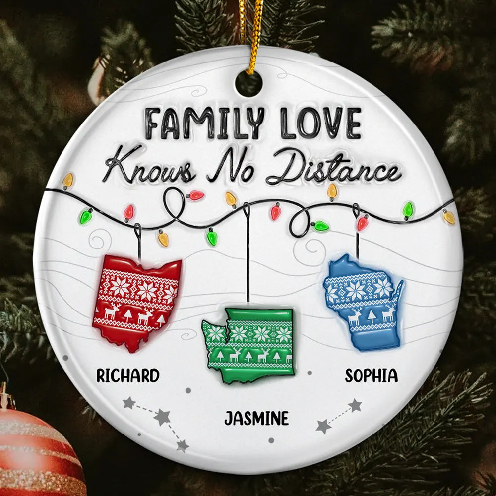 Family,Parents,Gift For Sisters,Gift For Sibling,Gift For Brothers,Love,Christmas,Long Distance - Family Love Knows No Distance - 3D Inflated Effect Printed Ornament, Personalized Circle Ceramic Ornament