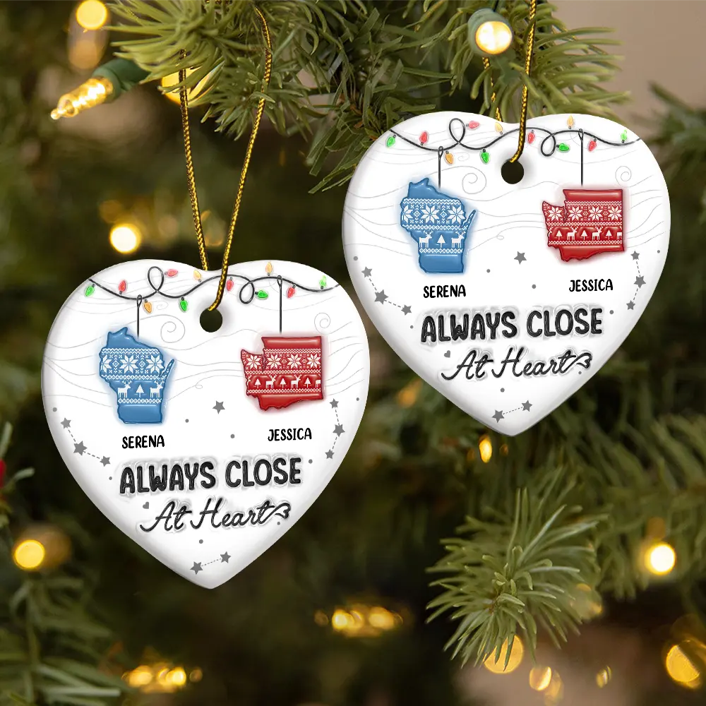 Family Love Knows No Distance - 3D Inflated Effect Printed Ornament, Personalized Heart Ceramic Ornament