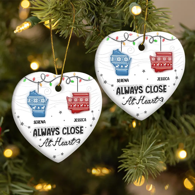 Family Love Knows No Distance - 3D Inflated Effect Printed Ornament, Personalized Heart Ceramic Ornament