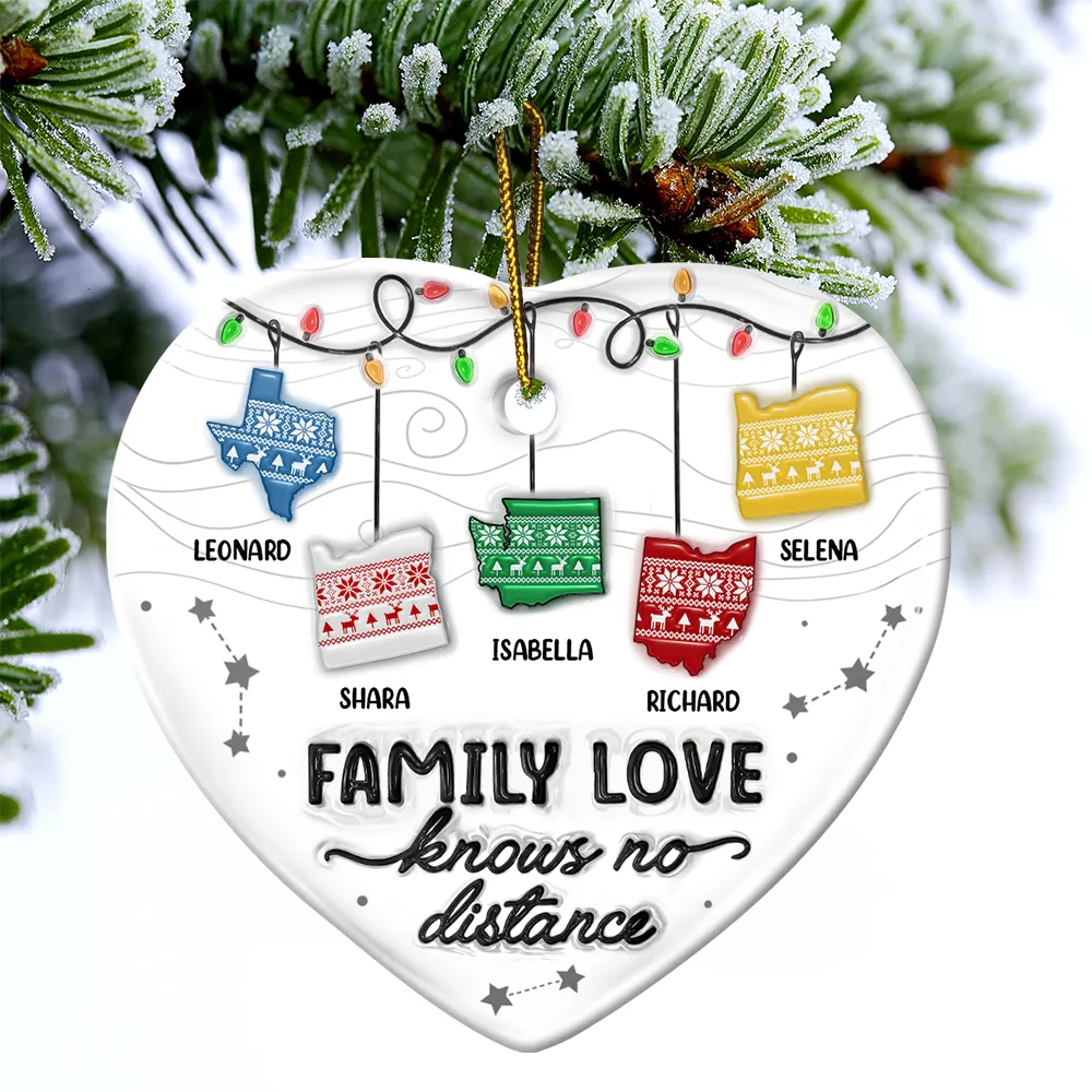 Family Love Knows No Distance - 3D Inflated Effect Printed Ornament, Personalized Heart Ceramic Ornament