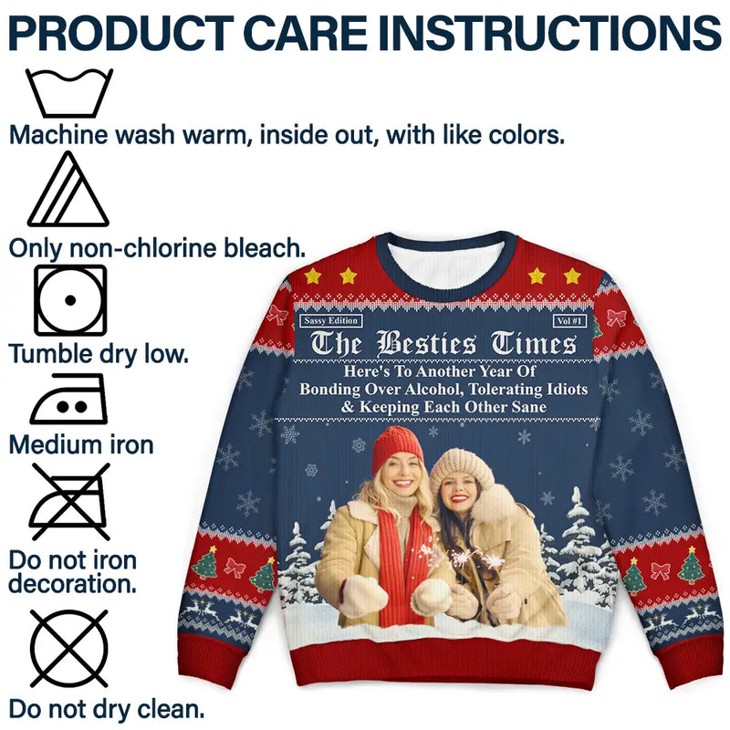 Gift For Bestie,Old Best friends,Gift For Sisters,Happy,Christmas,Custom Photo - Custom Photo Besties Here's To Another Year Of Us - Personalized Unisex Ugly Sweater