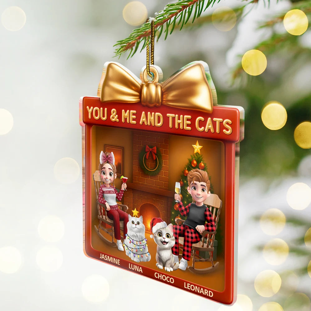 Gift For Couples,Gift For Husband,Gift For Wife,Pet Lovers,Pet Couple,Cat Lovers,Cat Couple,Christmas,Happy - You & Me And The Cat 3D Effect Couple Gift Shaped - Personalized Custom Shaped Acrylic Ornament