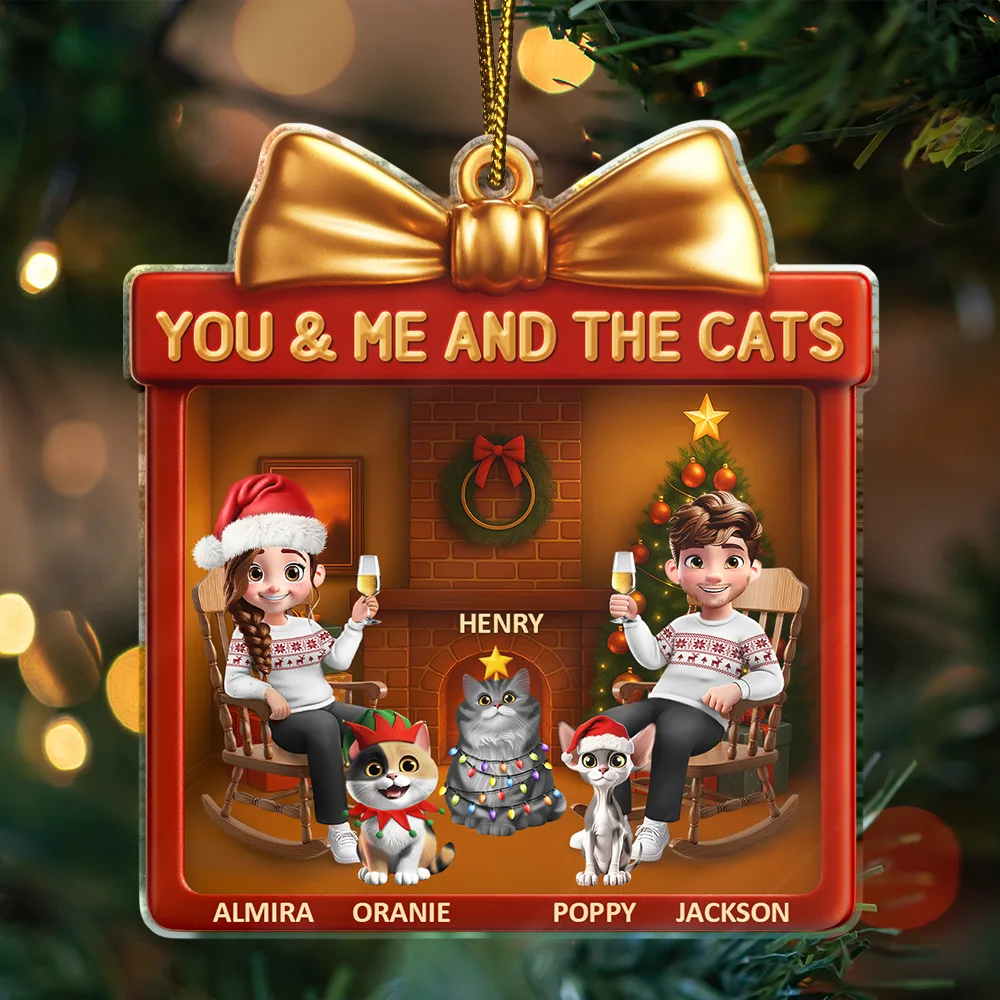 Gift For Couples,Gift For Husband,Gift For Wife,Pet Lovers,Pet Couple,Cat Lovers,Cat Couple,Christmas,Happy - You & Me And The Cat 3D Effect Couple Gift Shaped - Personalized Custom Shaped Acrylic Ornament