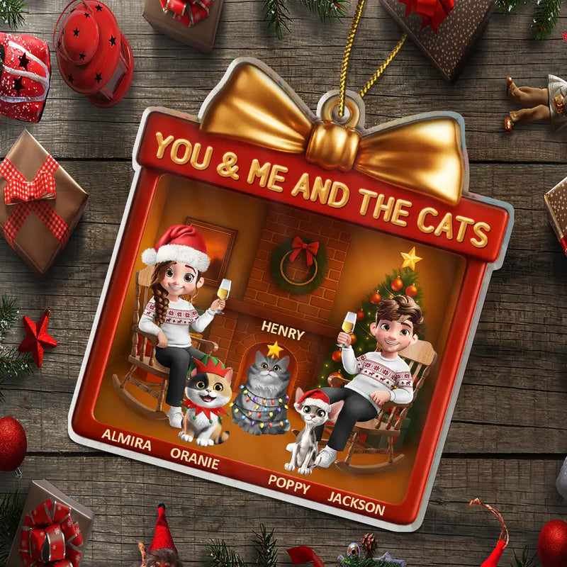 Gift For Couples,Gift For Husband,Gift For Wife,Pet Lovers,Pet Couple,Cat Lovers,Cat Couple,Christmas,Happy - You & Me And The Cat 3D Effect Couple Gift Shaped - Personalized Custom Shaped Acrylic Ornament