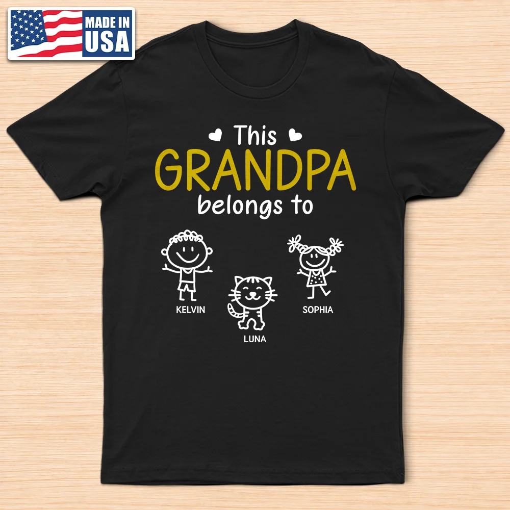 Gift For Father,Gift For Grandpa,Grandpa - Grandkids,Happy,Non-Eng,Icon,Proud - This Grandad Belongs To Kid Stick Figures - Personalised T Shirt