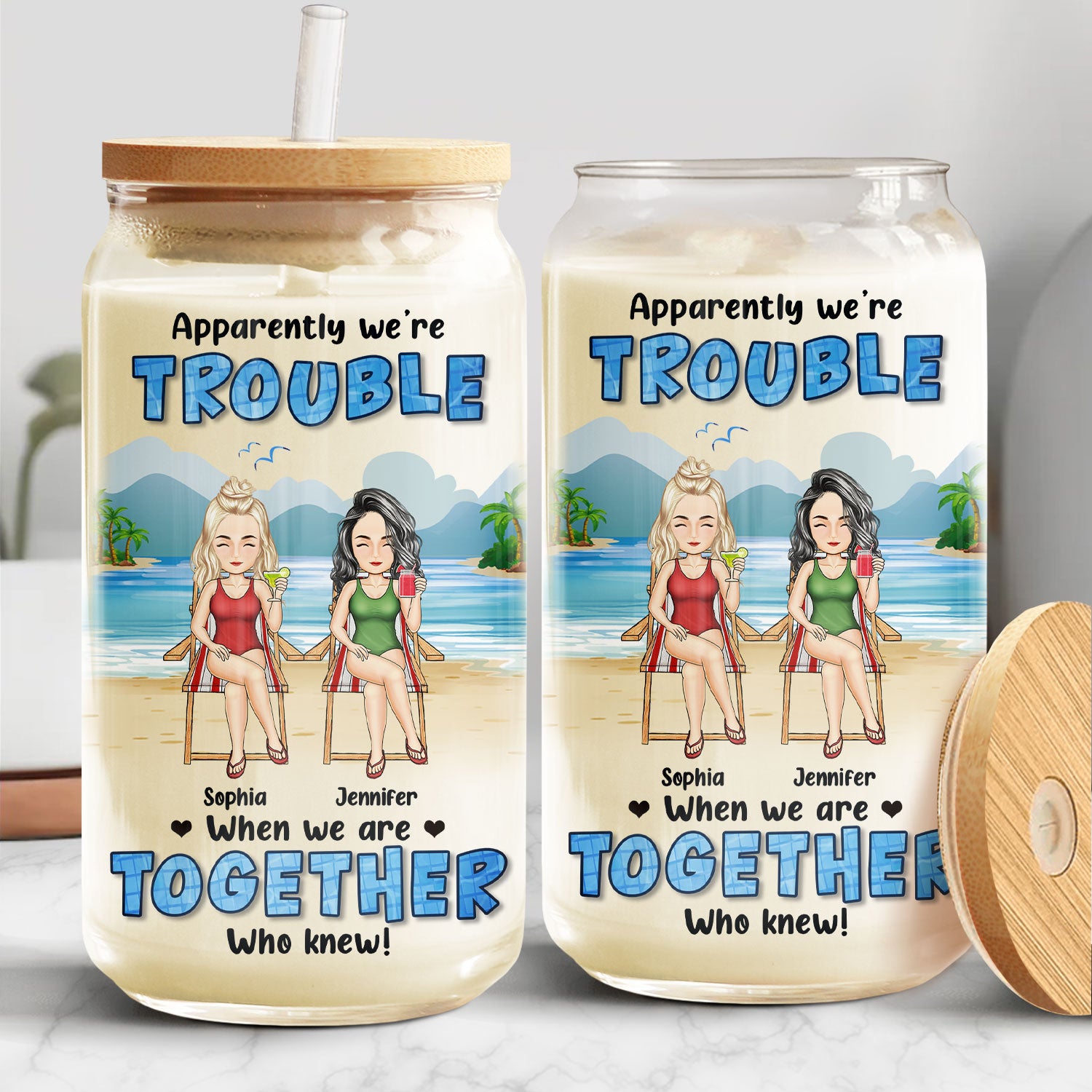 Cartoon Beach Bestie Apparently We Are Trouble - Gift For Bestie - Personalized Clear Glass Can