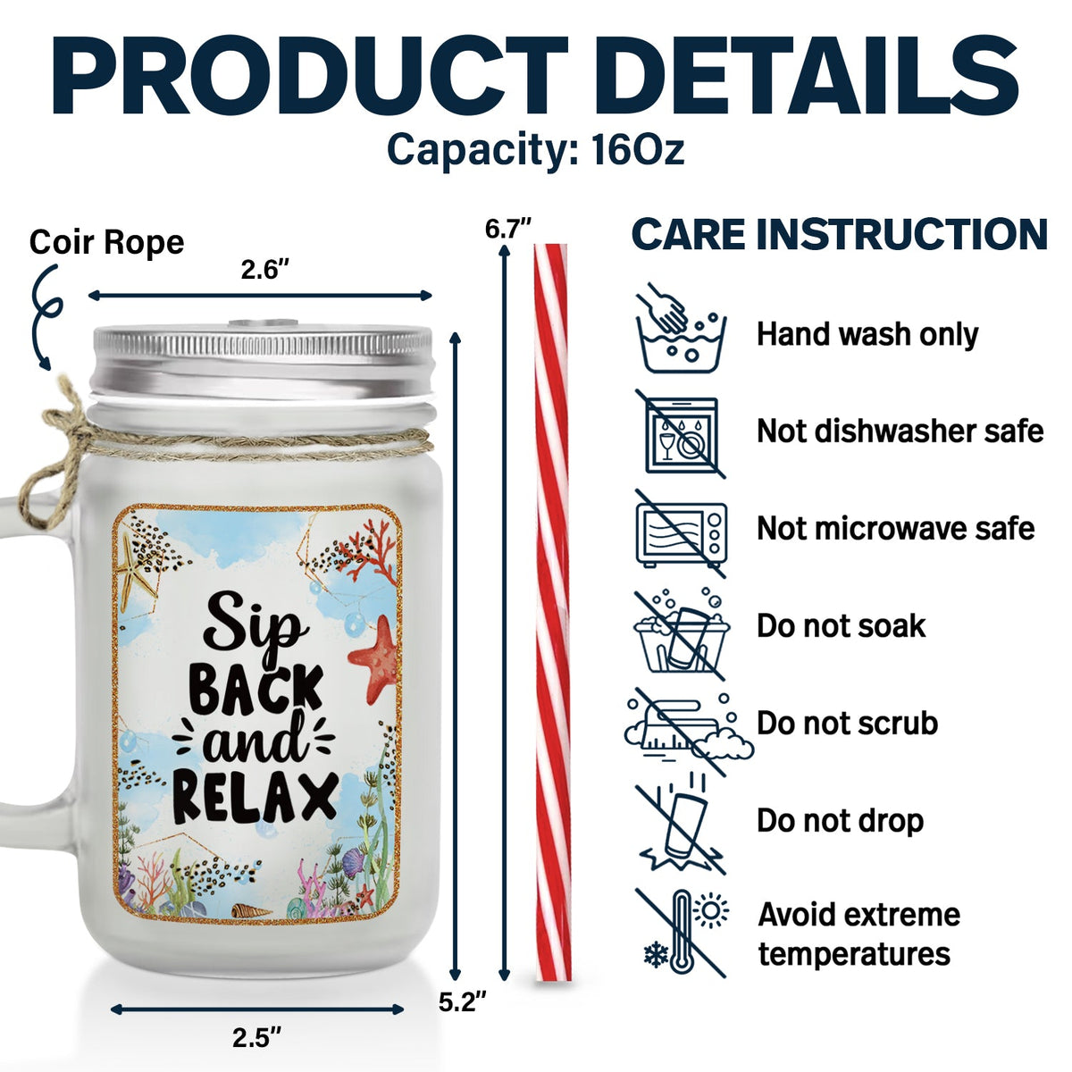 Sip Back And Relax - Personalized Mason Jar Cup With Straw