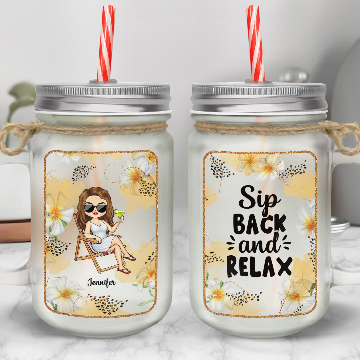 Sip Back And Relax - Personalized Mason Jar Cup With Straw
