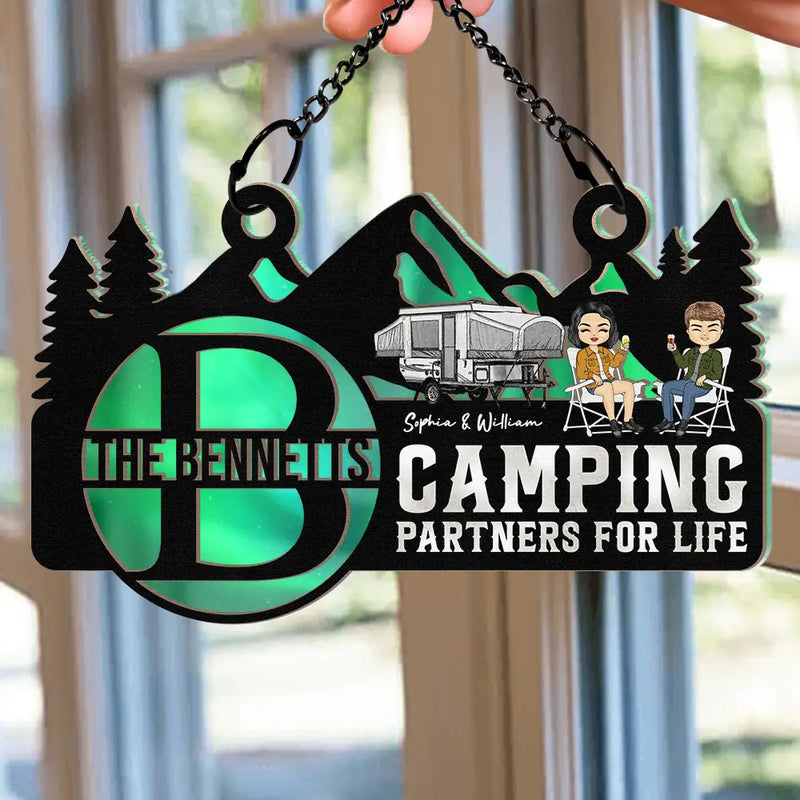 Monogram Camping Partners For Life - Personalized Window Hanging Suncatcher Ornament