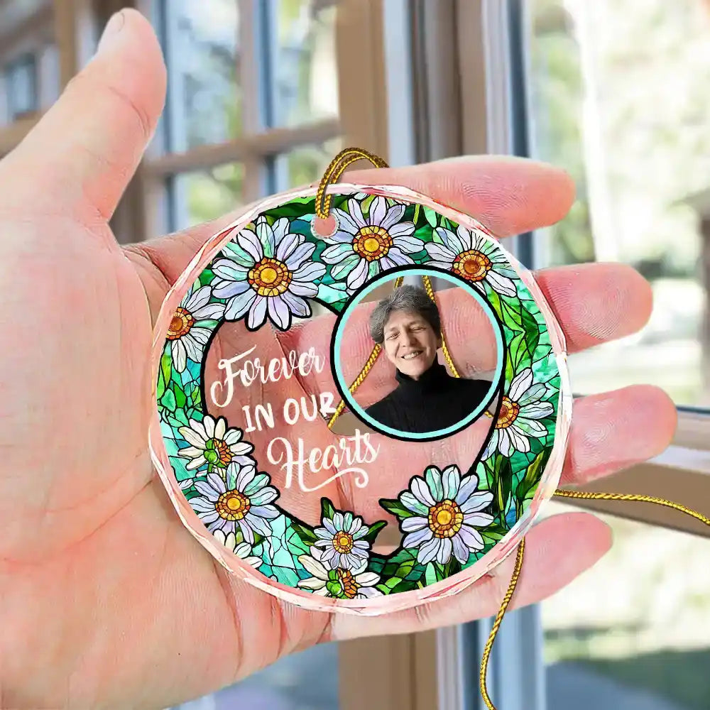Custom Photo Christmas Forever In Our Hearts - Personalized Circle Glass Ornament