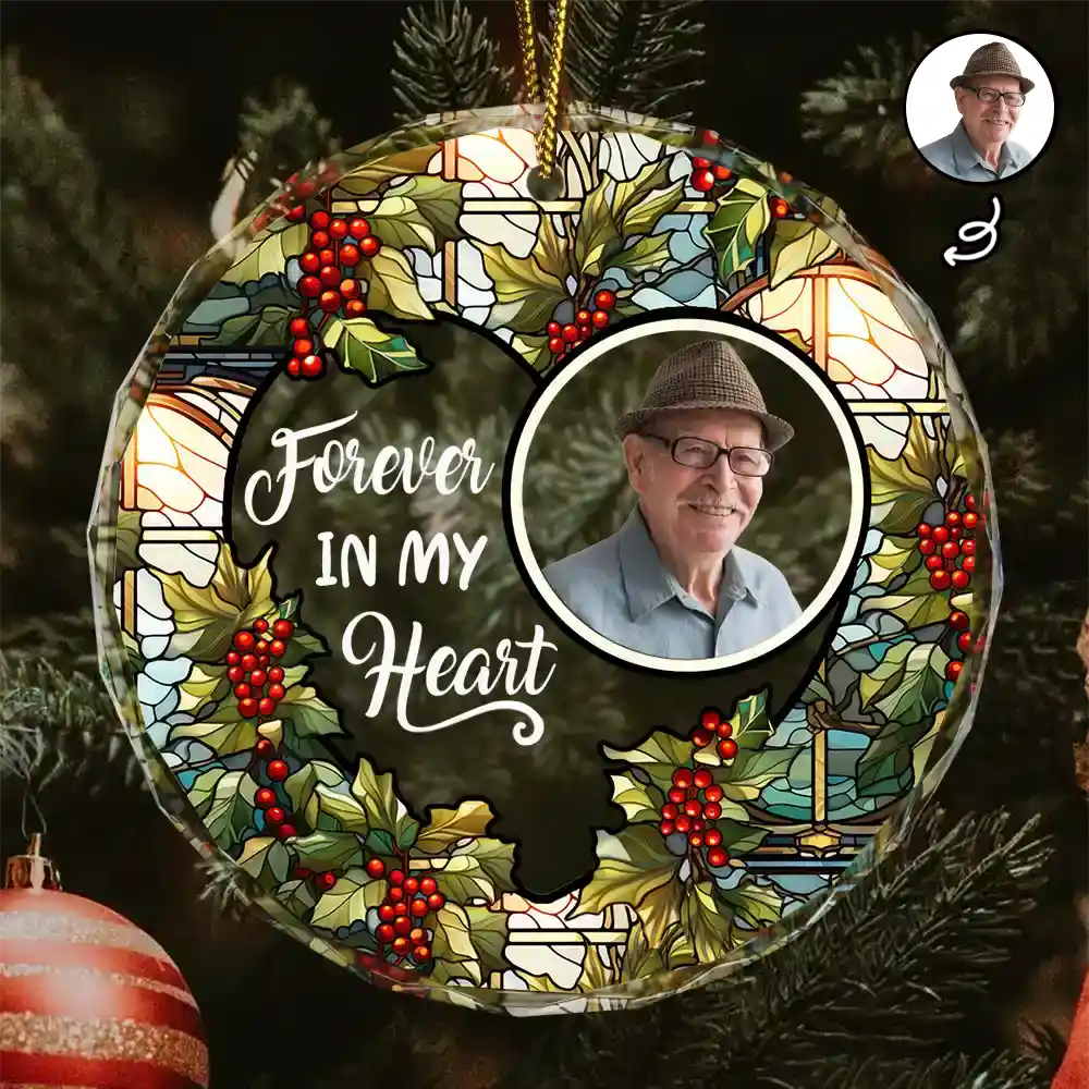 Custom Photo Christmas Forever In Our Hearts - Personalized Circle Glass Ornament