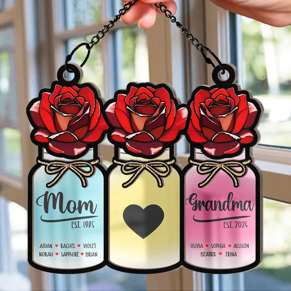 Flower Mason Jar Mom Grandma Great Grandma - Personalized Window Hanging Suncatcher Ornament