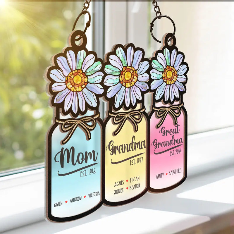 Flower Mason Jar Mom Grandma Great Grandma - Personalized Window Hanging Suncatcher Ornament
