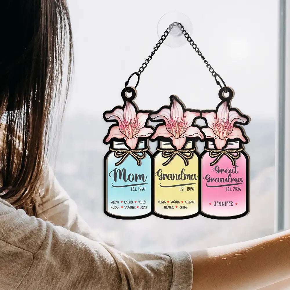 Flower Mason Jar Mom Grandma Great Grandma - Personalized Window Hanging Suncatcher Ornament