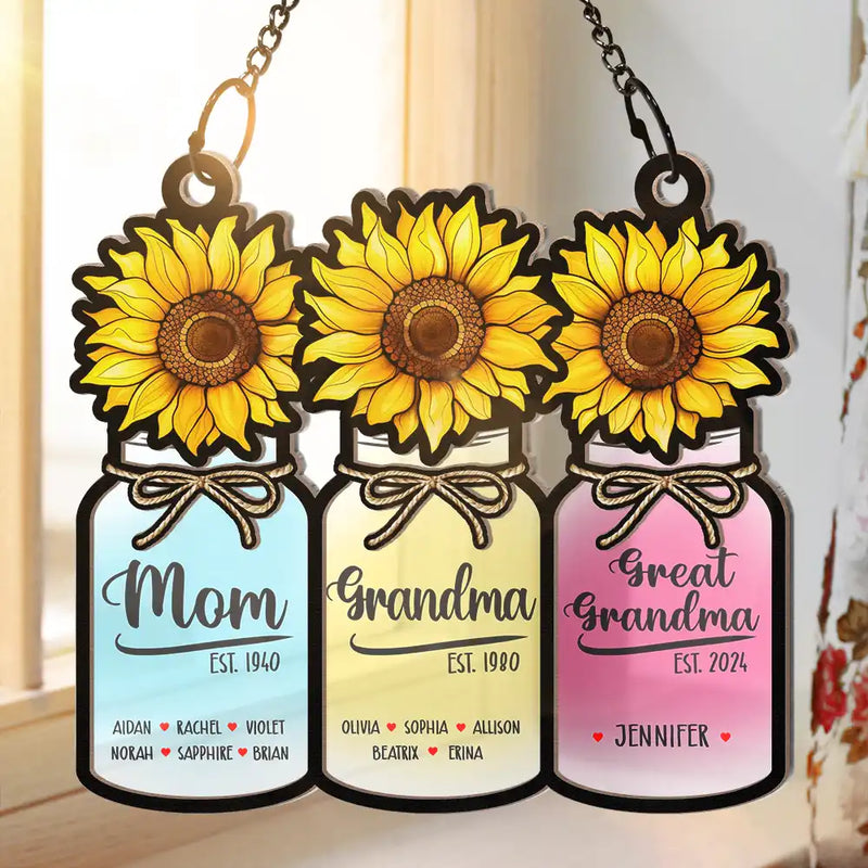 Flower Mason Jar Mom Grandma Great Grandma - Personalized Window Hanging Suncatcher Ornament