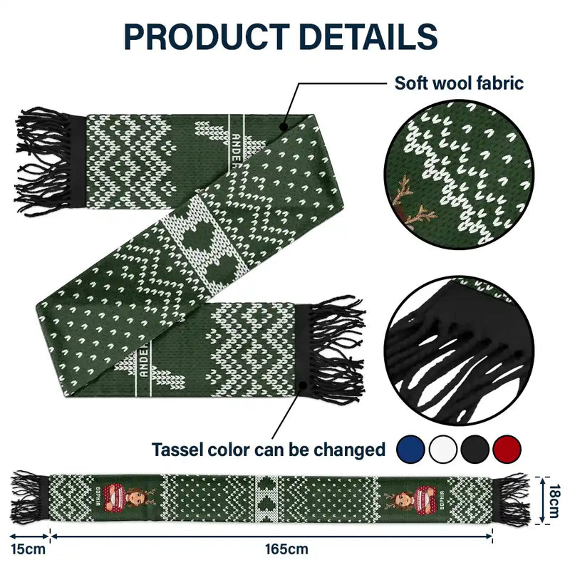 Monogram Christmas Family - Personalized Wool Scarf With Tassel