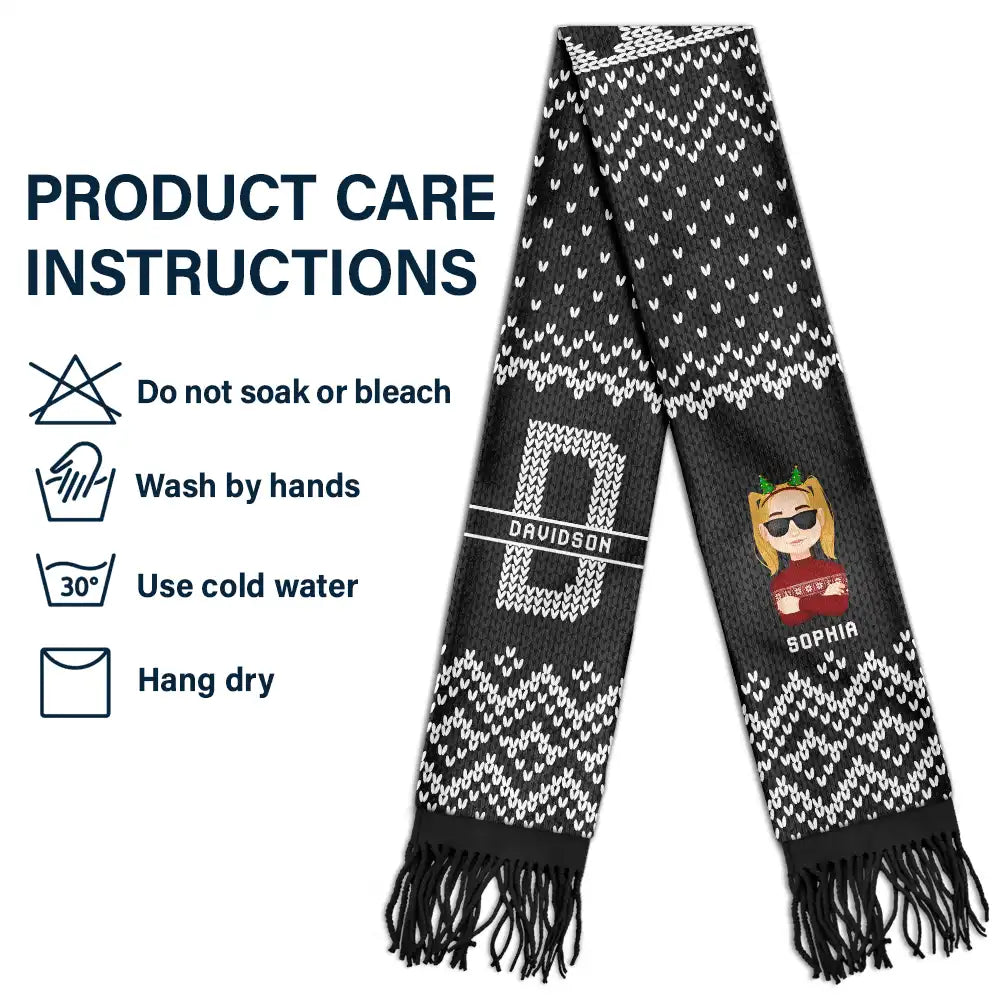 Monogram Christmas Family - Personalized Wool Scarf With Tassel