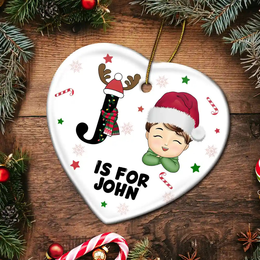 Lettre monogramme de Noël pour enfants - Décoration en céramique personnalisée en forme de cœur 