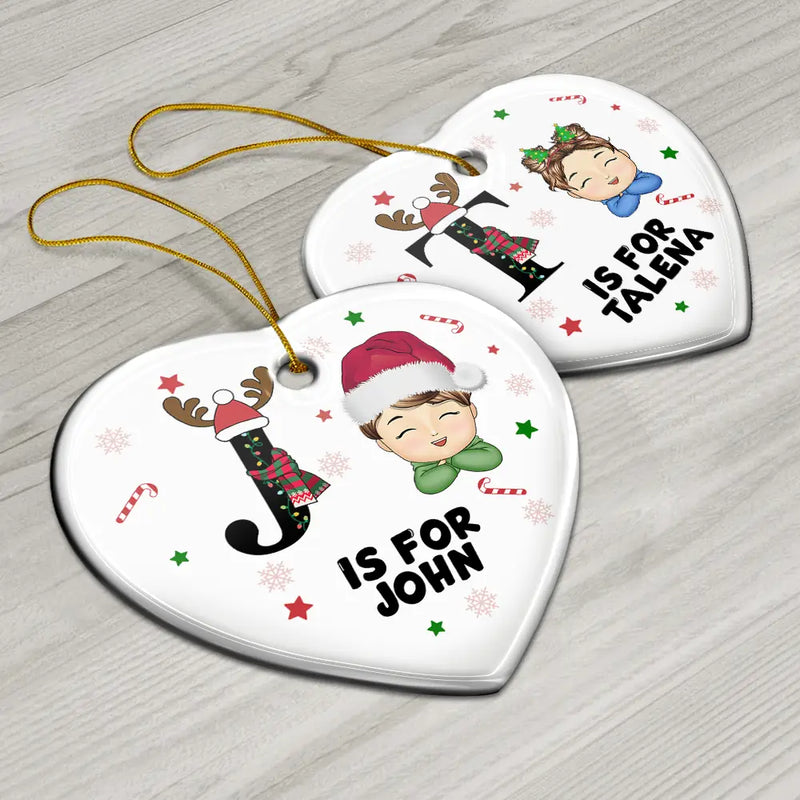 Lettre monogramme de Noël pour enfants - Décoration en céramique personnalisée en forme de cœur 