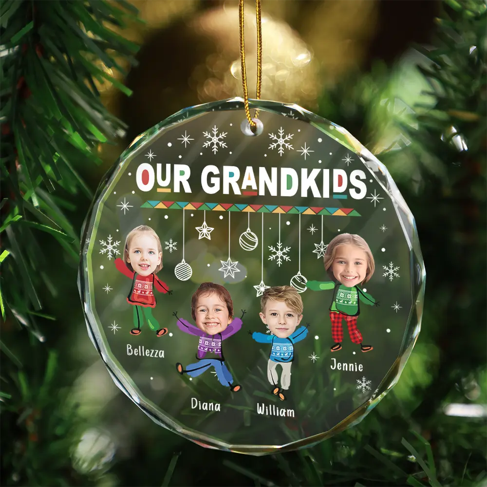 Custom Photo Christmas My Grandkids - Personalized Circle Glass Ornament
