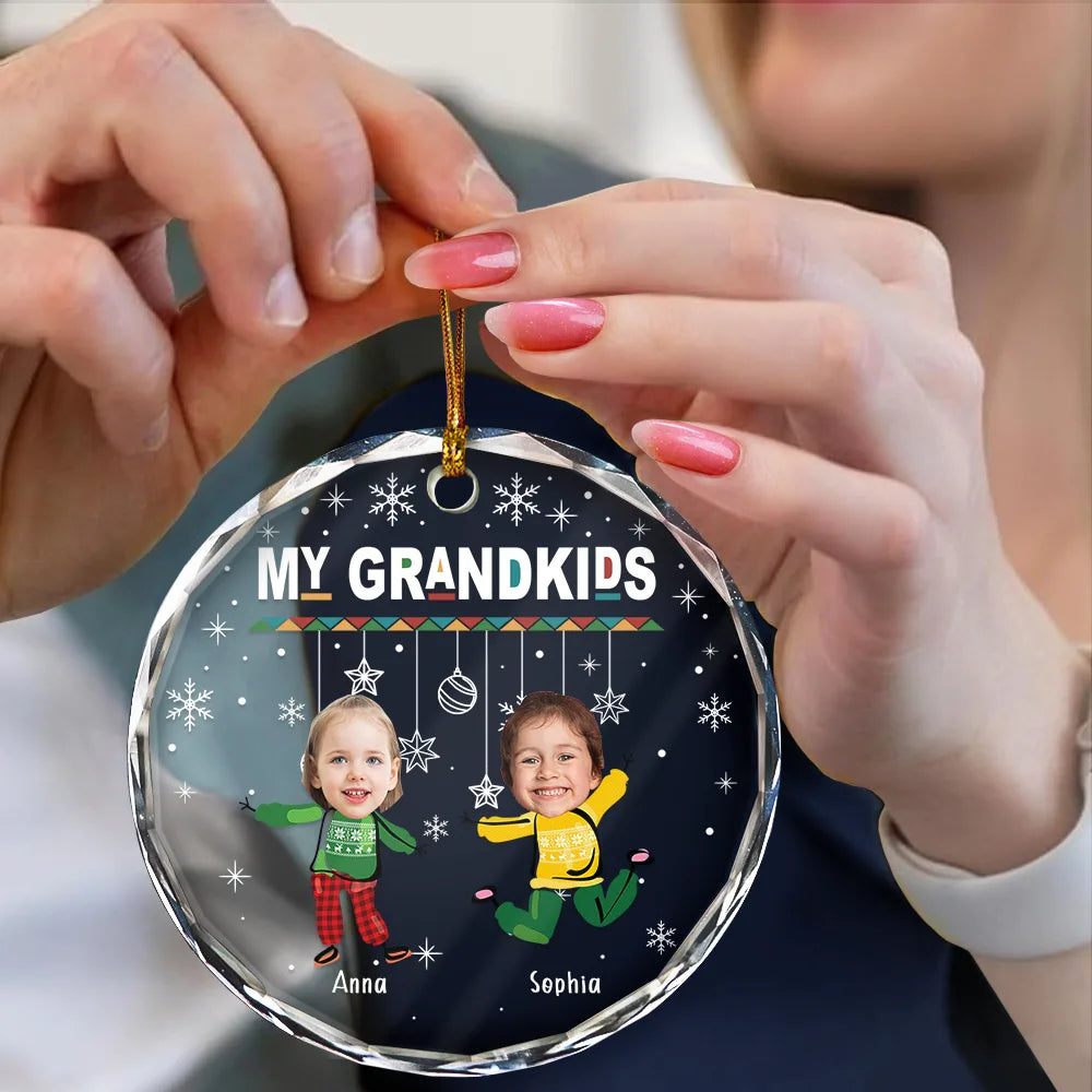 Custom Photo Christmas My Grandkids - Personalized Circle Glass Ornament