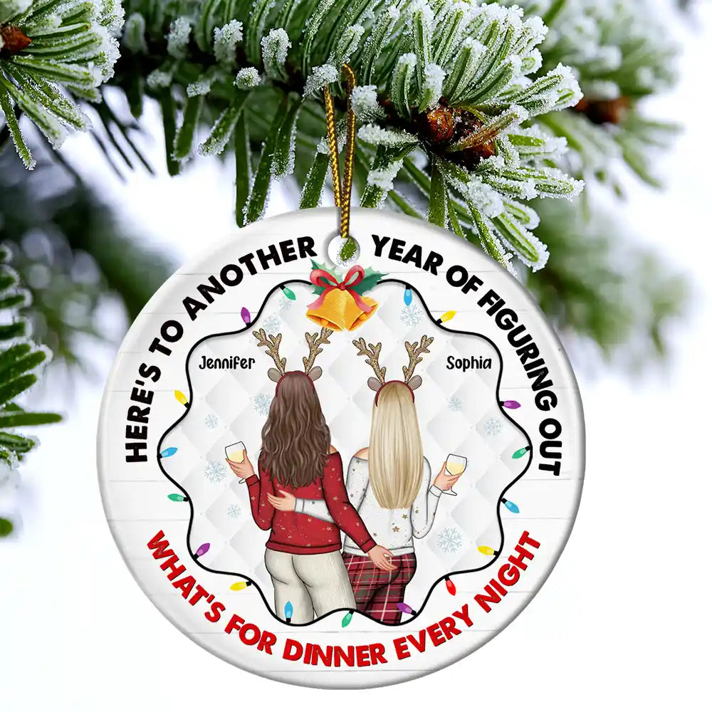 Gift For Couples - Christmas Couple Figuring Out Dinner - Personalized Circle Ceramic Ornament