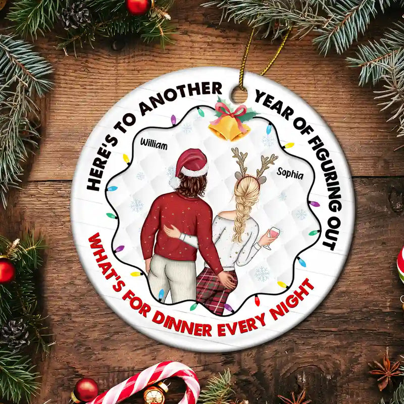 Gift For Couples - Christmas Couple Figuring Out Dinner - Personalized Circle Ceramic Ornament