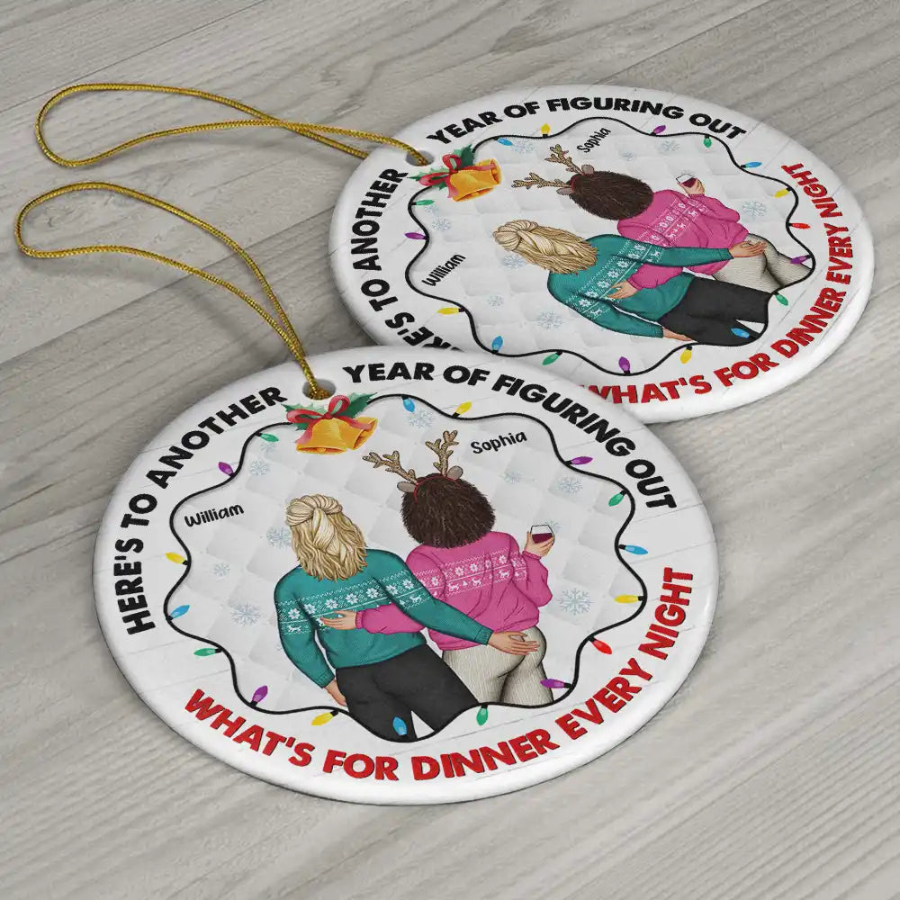 Gift For Couples - Christmas Couple Figuring Out Dinner - Personalized Circle Ceramic Ornament