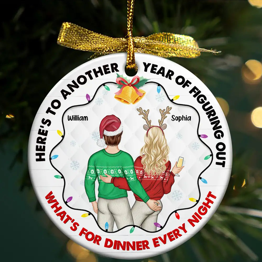 Christmas Couple Figuring Out Dinner - Personalized Circle Ceramic Ornament