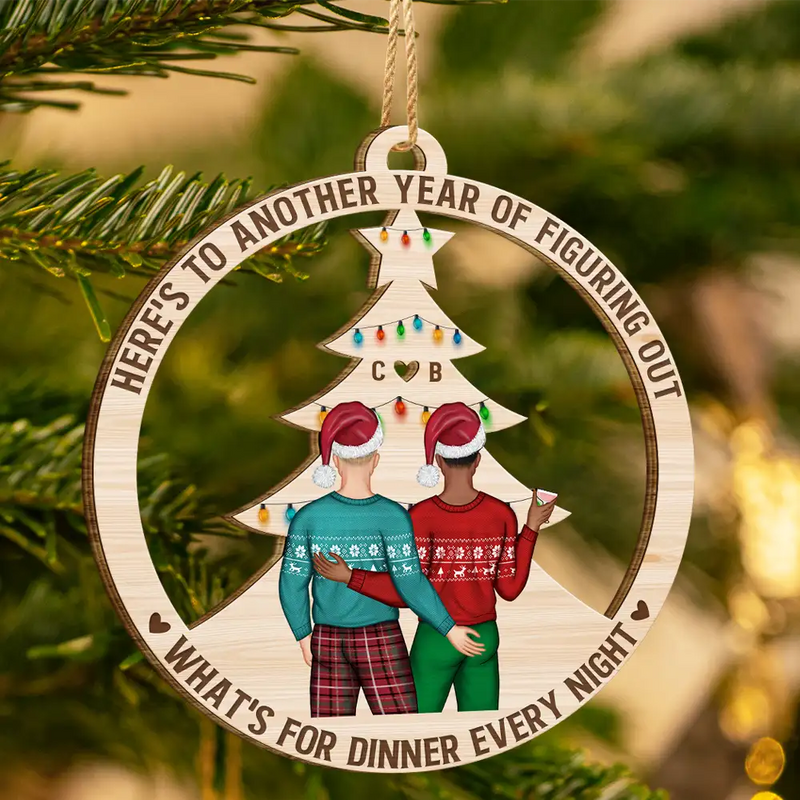 Gift For Couples - Christmas Couple Figuring Out Dinner - Personalized Wooden Cutout Ornament