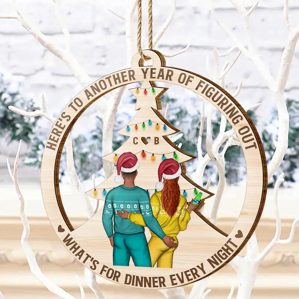 Gift For Couples - Christmas Couple Figuring Out Dinner - Personalized Wooden Cutout Ornament
